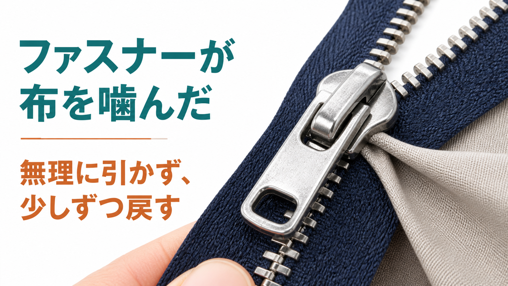 ファスナーが布を噛んで動かない状態と無理に引かず少しずつ戻す対処