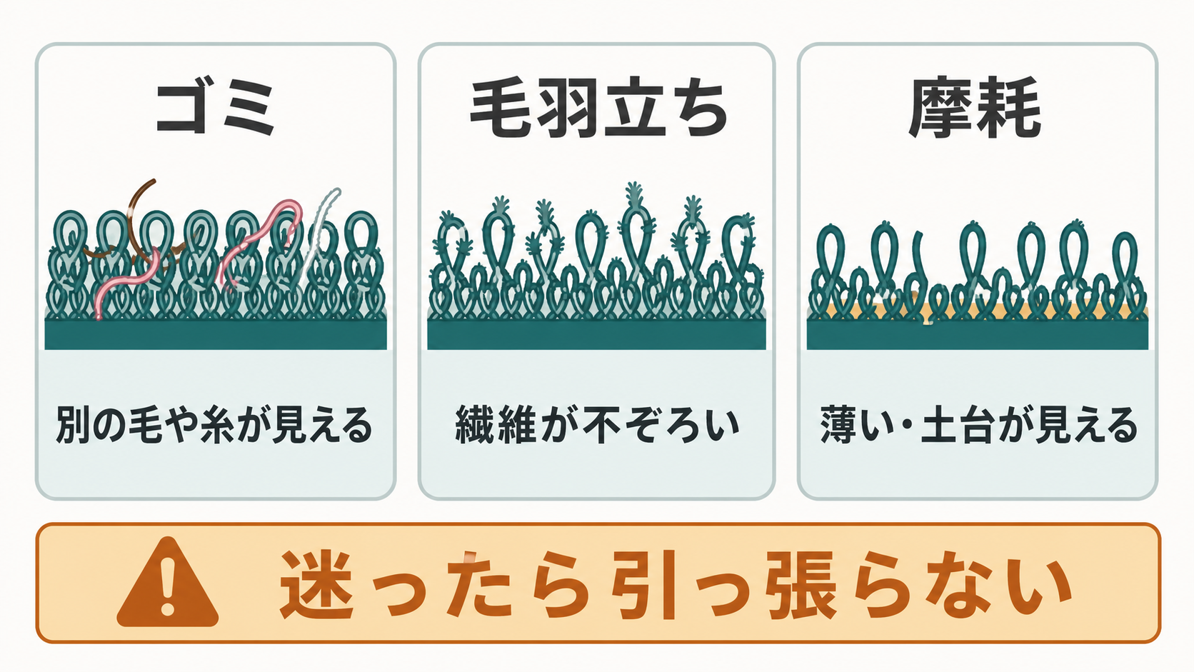マジックテープのゴミ・毛羽立ち・摩耗を見分ける図