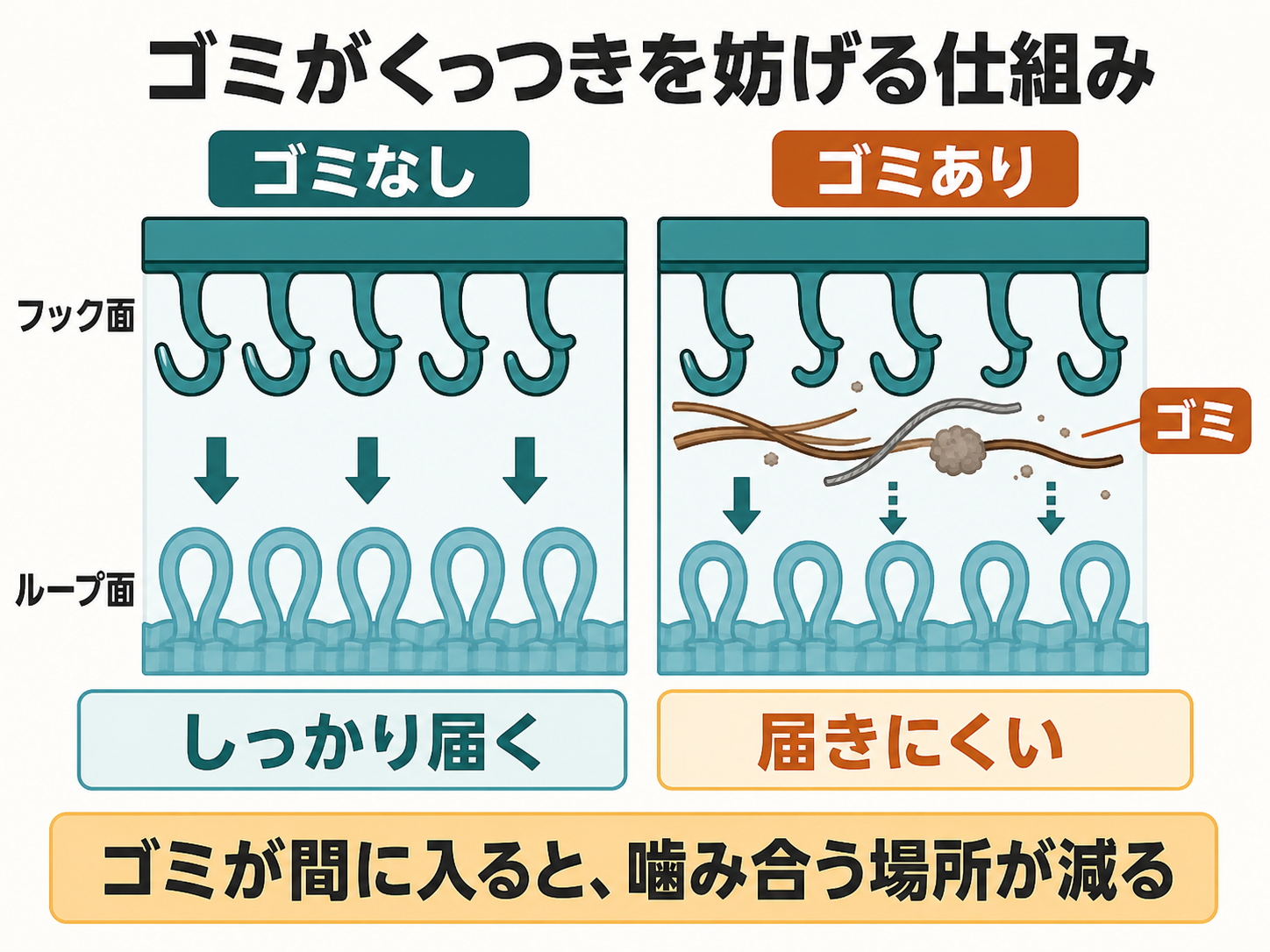 面ファスナーのフックとループの間をゴミが妨げる仕組み