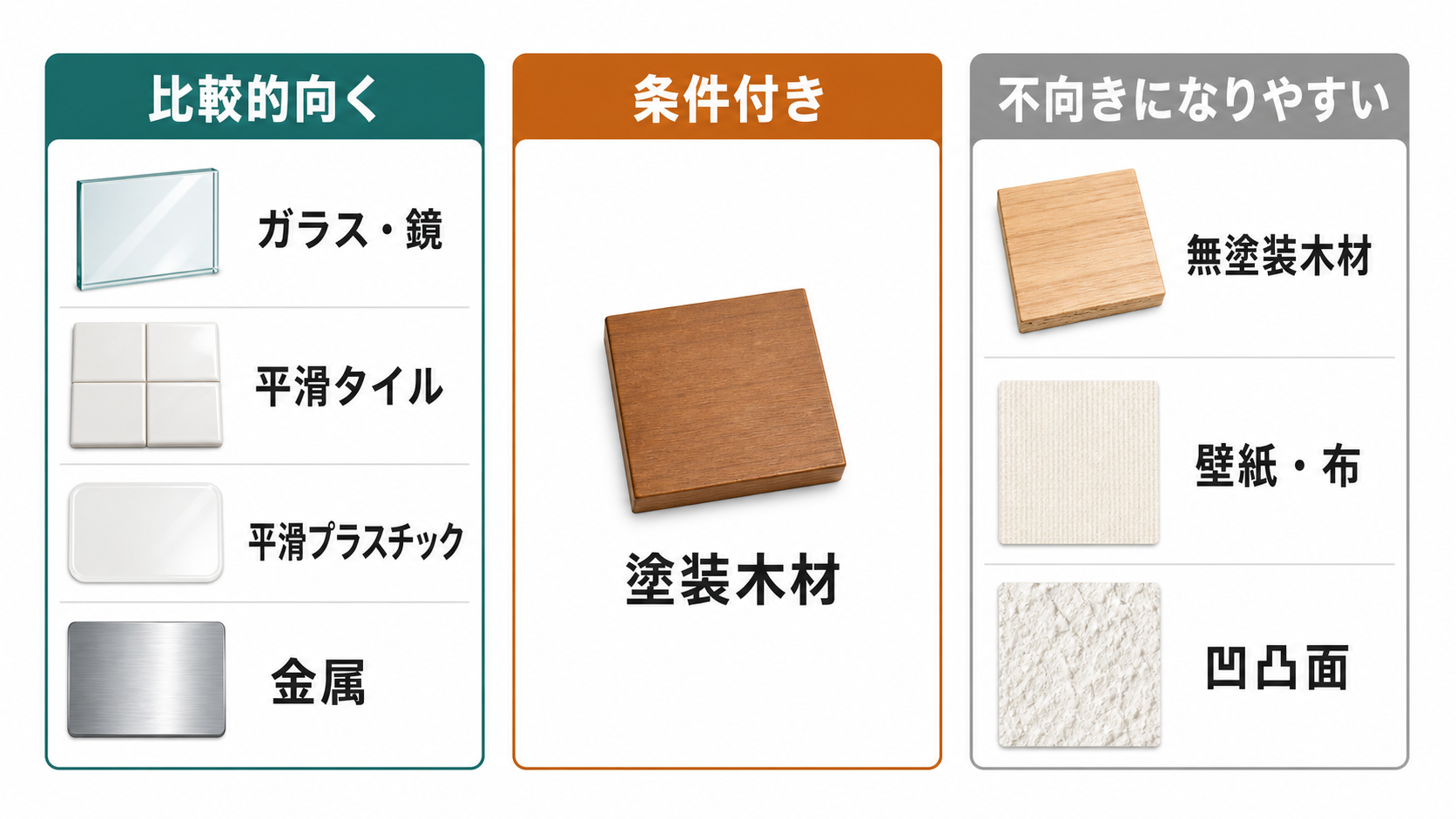 ガラス・タイル・プラスチック・金属・木・壁紙の吸盤適性の目安