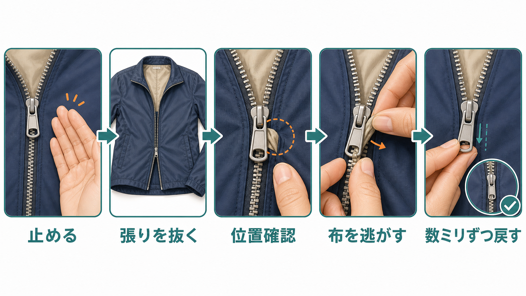 ファスナー操作を止めて張りを抜き、位置を確認し、布を逃がしながら数ミリずつ戻す手順