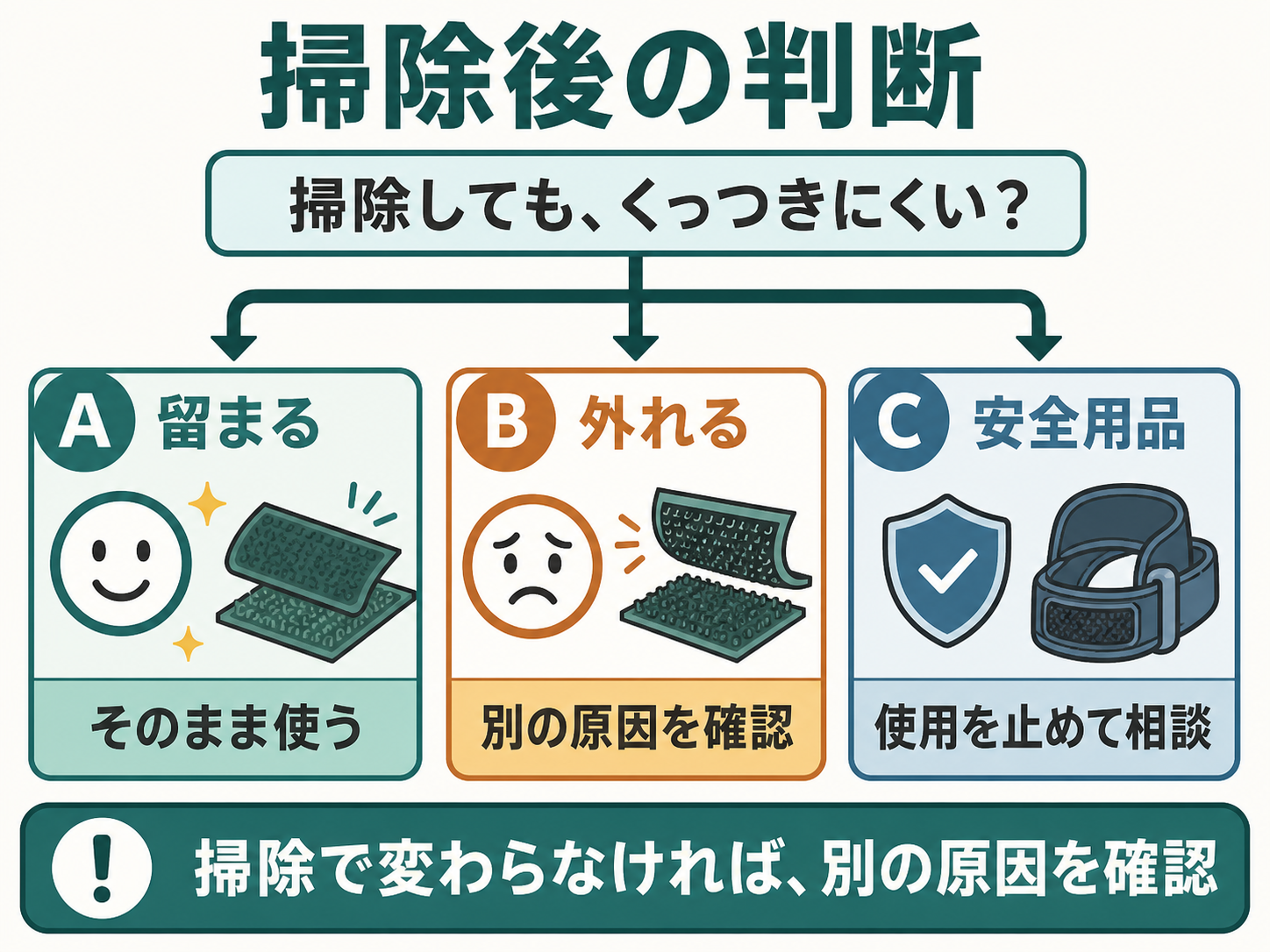 マジックテープを掃除した後の継続使用と別原因確認の判断図