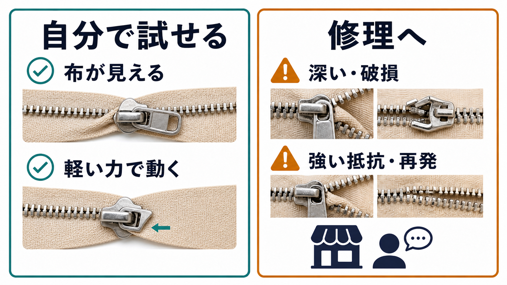 布が見えて軽い力で動く場合と、深い噛み込みや破損、強い抵抗で修理へ切り替える判断図