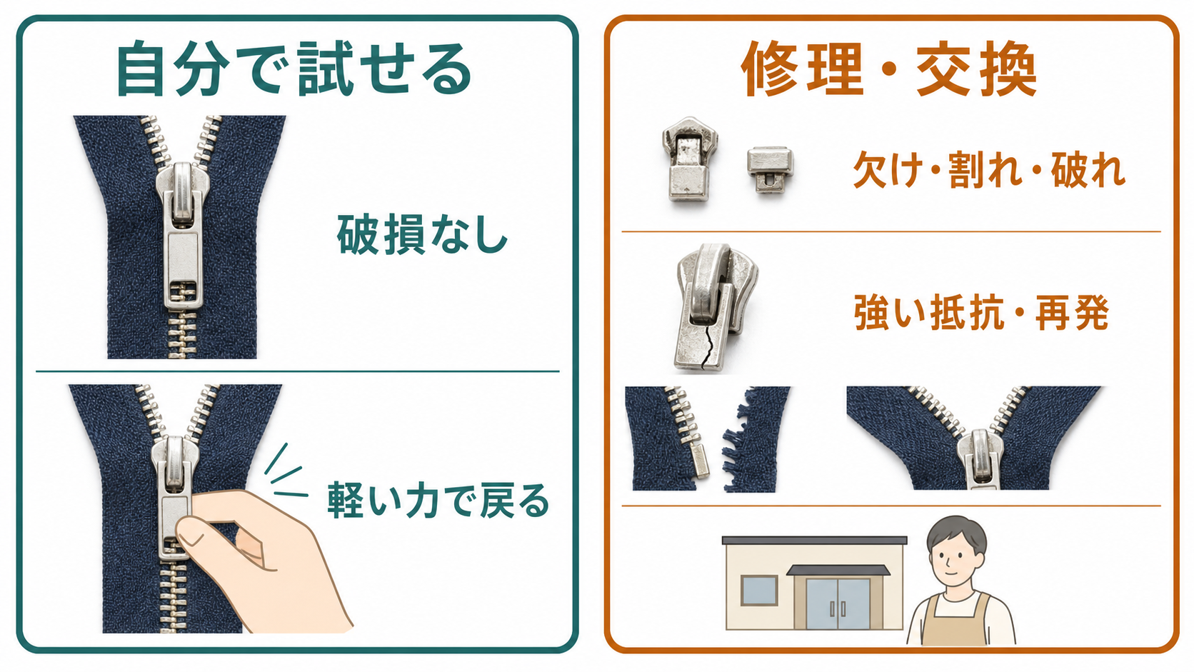 破損がなく軽い力で戻る場合と、欠け・割れ・強い抵抗で修理交換する場合の判断図
