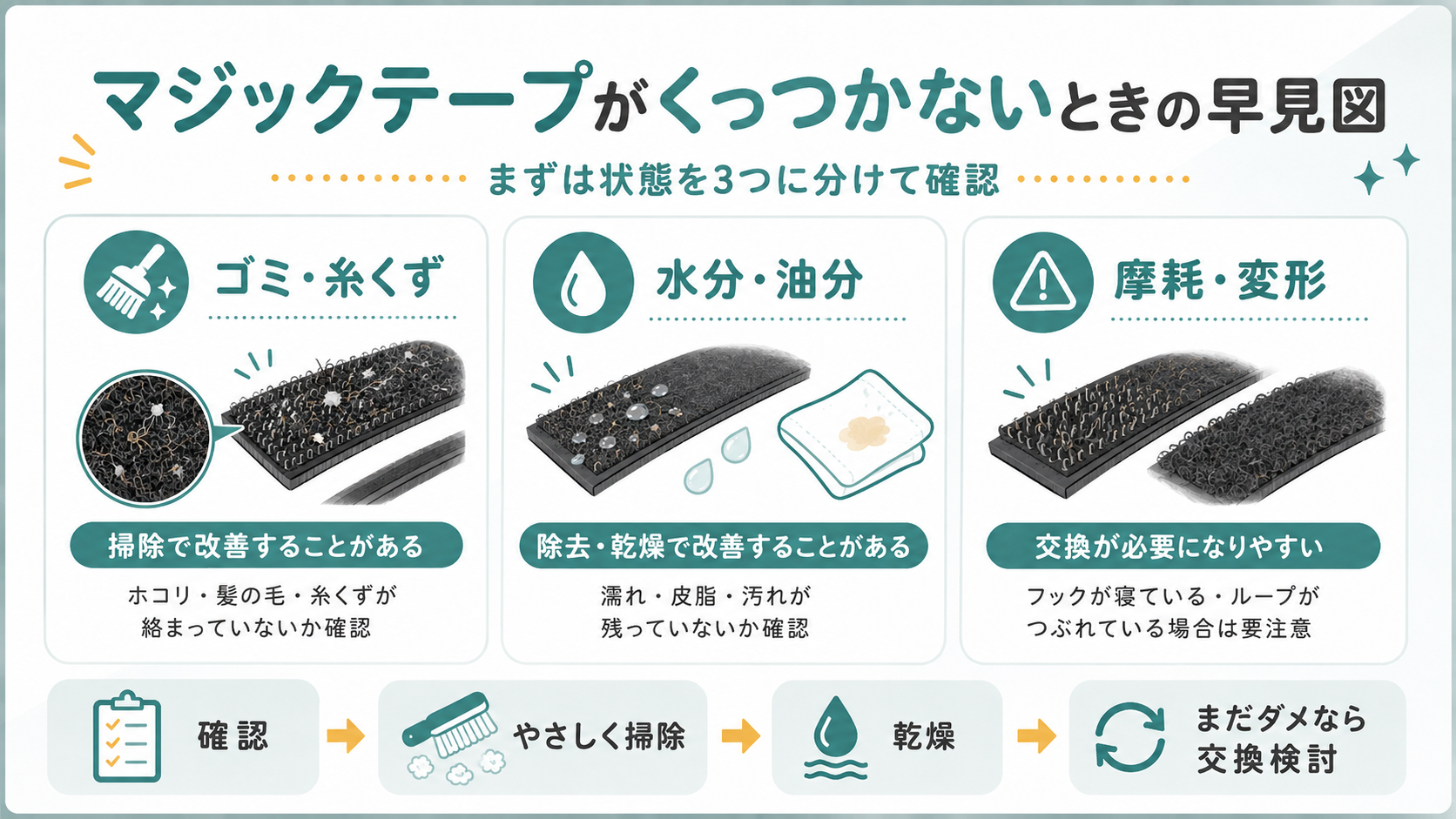 マジックテープがくっつかないときの原因と対処の早見図