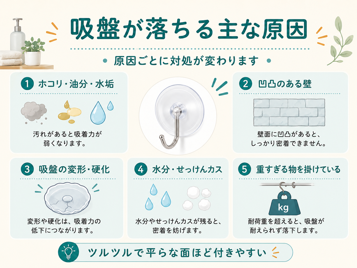 吸盤が落ちる主な原因をまとめた図解
