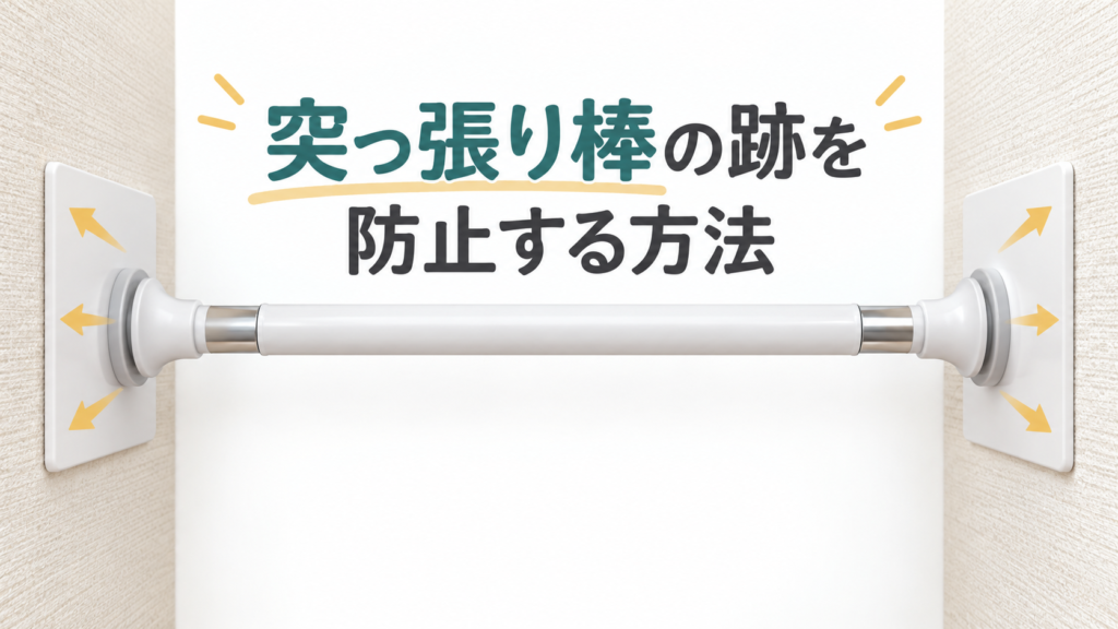 壁との間に保護プレートを入れた突っ張り棒と、跡を防止する方法を示すイラスト