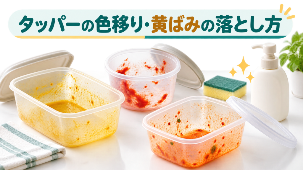 カレーやトマト、キムチの色が残った保存容器とタッパーの色移り・黄ばみの落とし方を示すイラスト