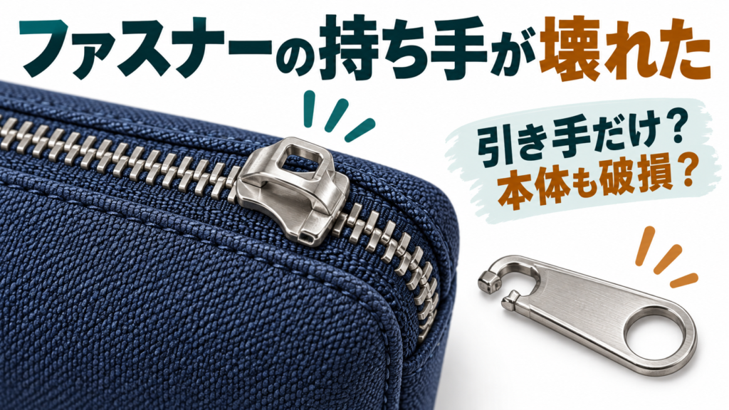 ファスナーの持ち手が外れ、引き手とスライダー本体を確認するイラスト