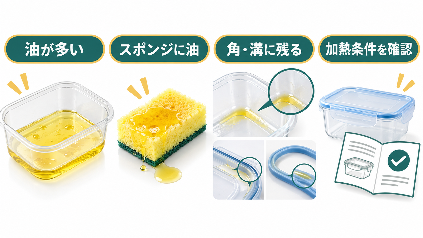 タッパーに油汚れが残る原因として油の量、スポンジ、角や溝、加熱条件を示す図