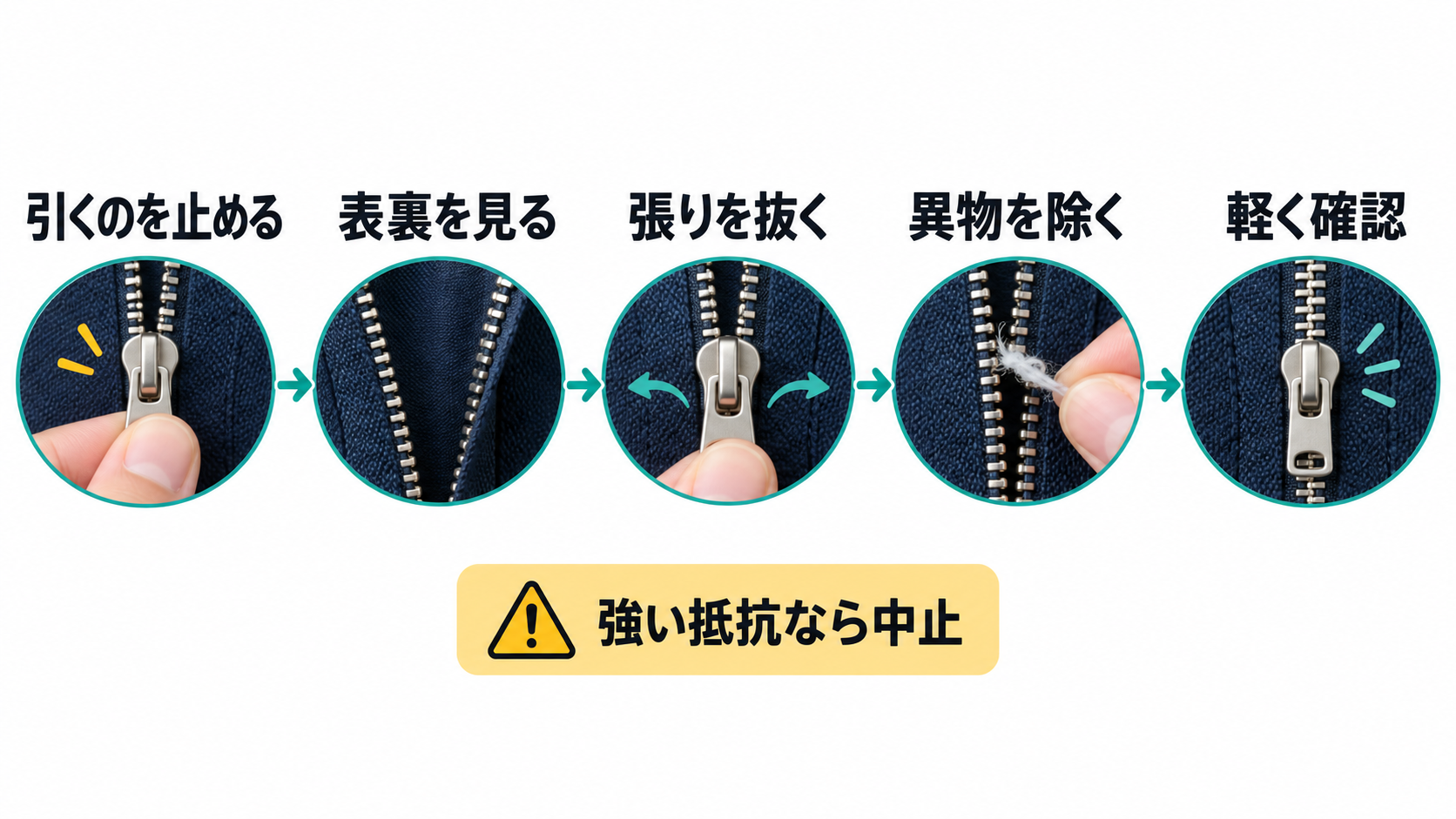 ファスナーが動かないときに引くのを止めてから異物と張りを確認する順番