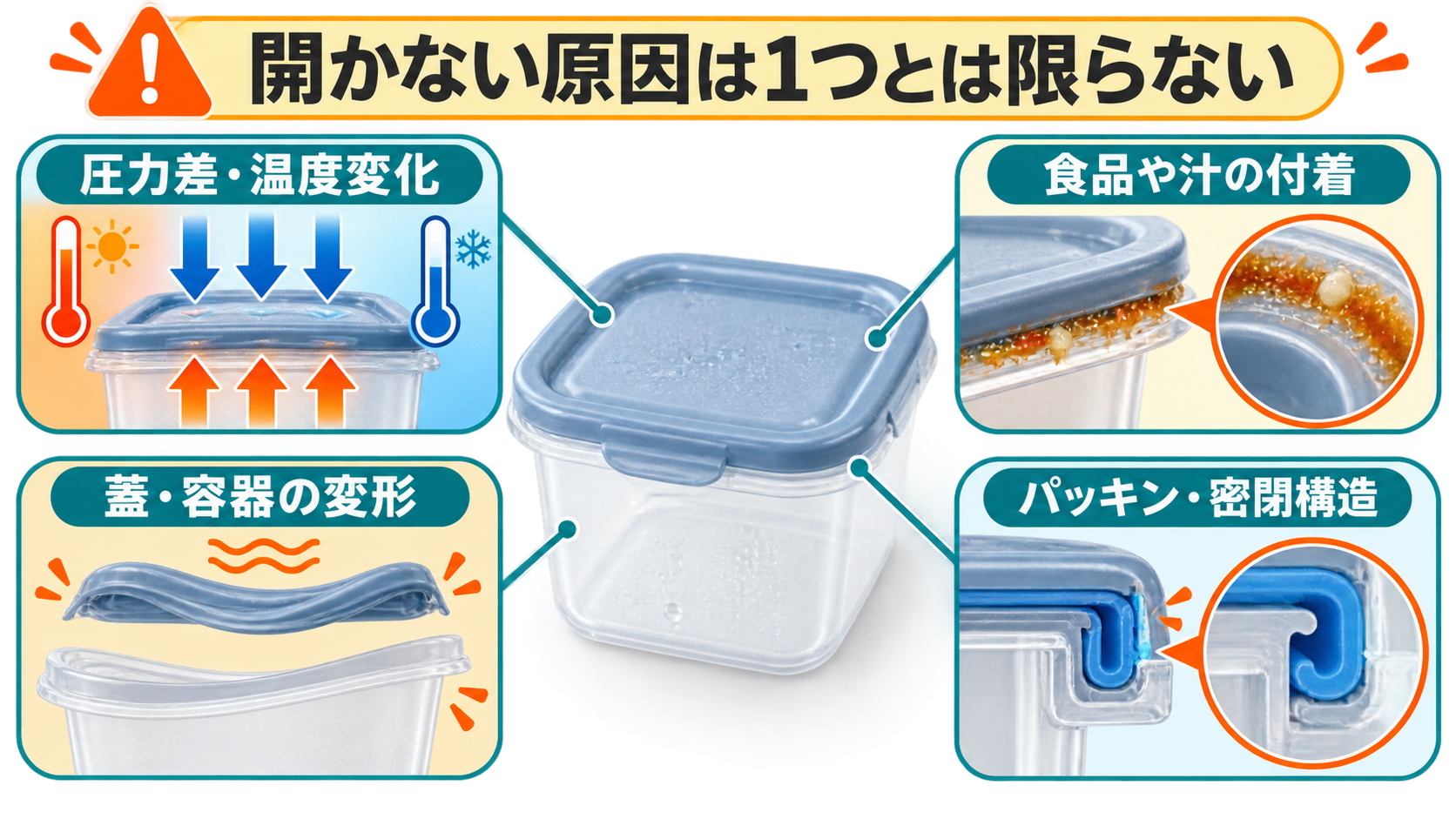 圧力差、食品の付着、変形、パッキンや密閉構造という蓋が開かない主な原因の図