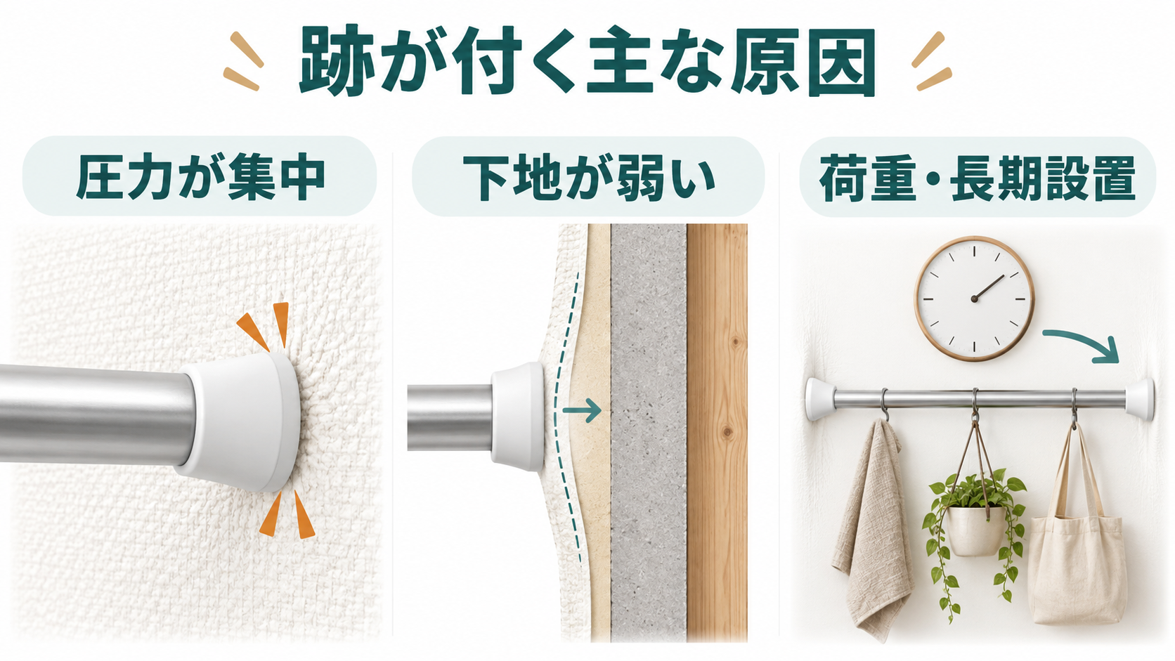突っ張り棒の跡が付く原因を、圧力集中・弱い下地・荷重と長期設置に分けた図