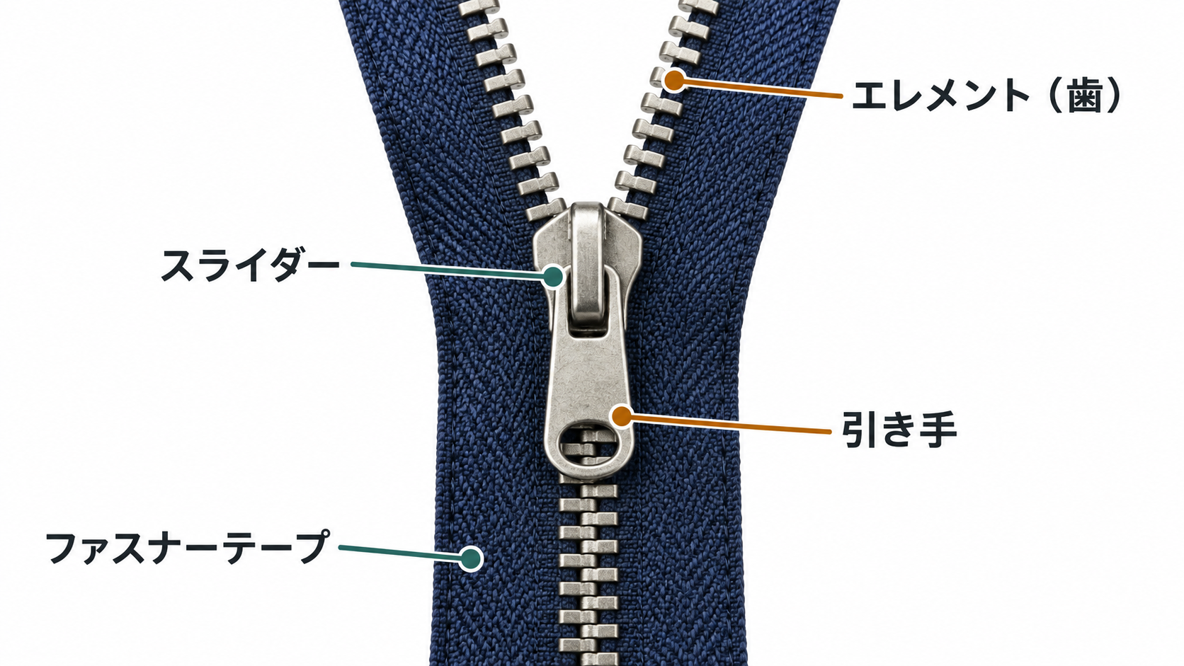 ファスナーのエレメント、スライダー、引き手、テープの位置