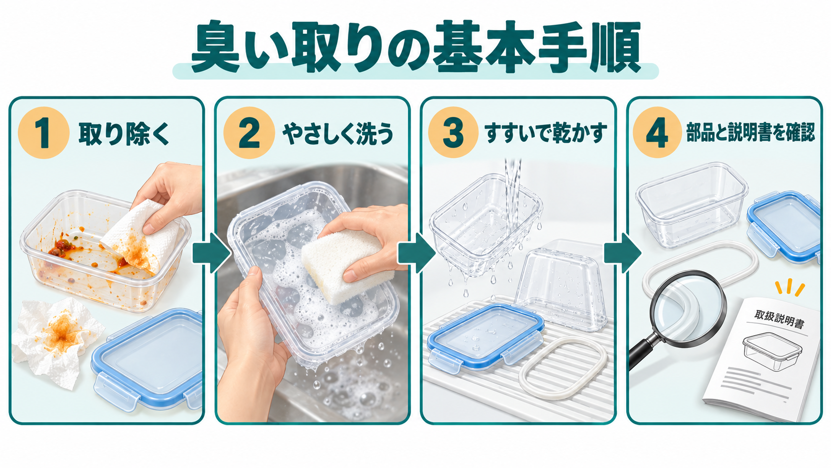 タッパーの食品を取り除き、中性洗剤で洗い、乾かして臭う部品を確認する順序
