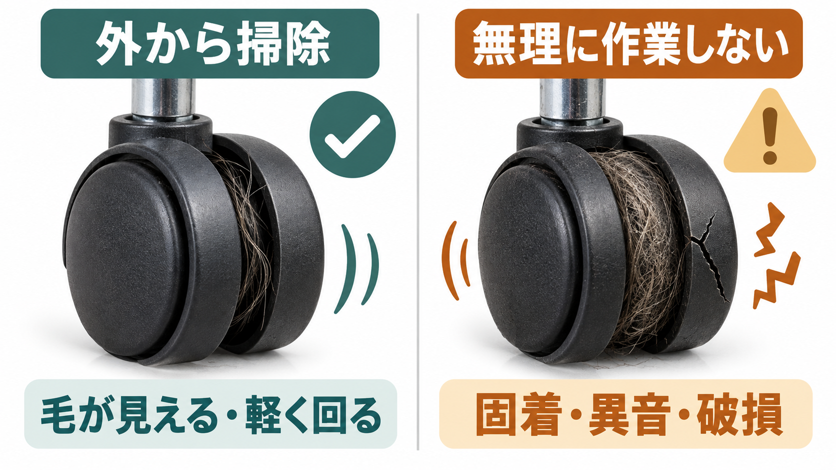 外から掃除できるキャスターとメーカー確認が必要な状態の比較