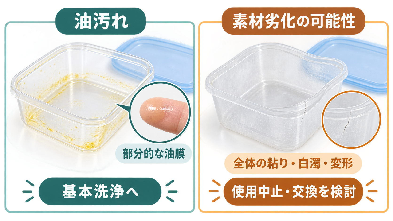 部分的な油膜と容器全体のベタつきや変形を比べて油汚れと素材劣化を見分ける図