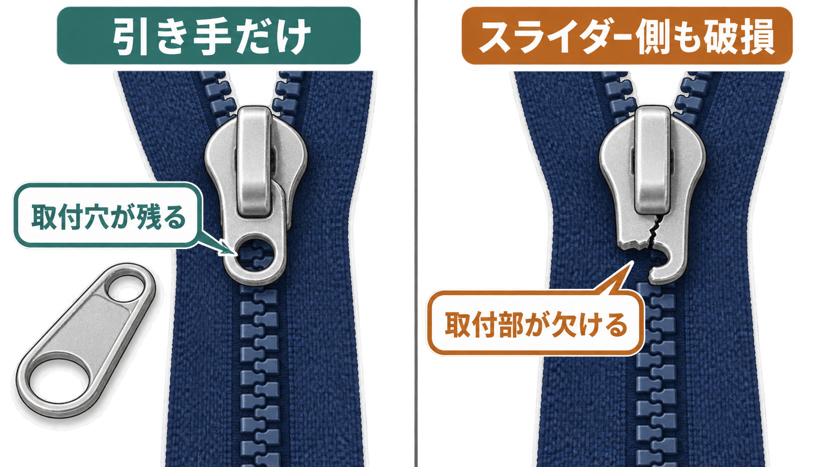 引き手だけの破損とスライダー取付部まで壊れた状態の比較