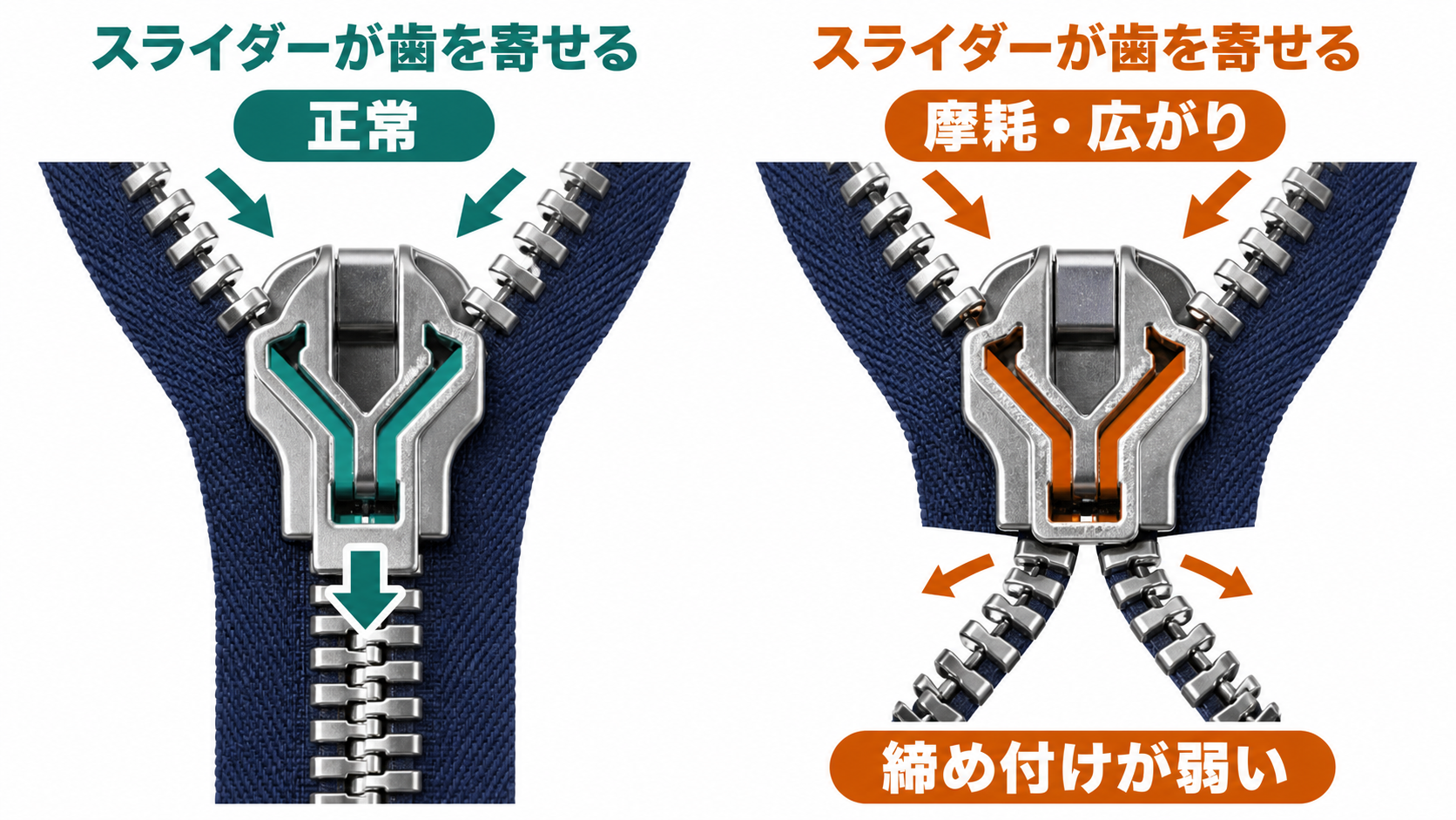 スライダー内部でエレメントが噛み合い、摩耗すると締め付けが弱くなる仕組み図