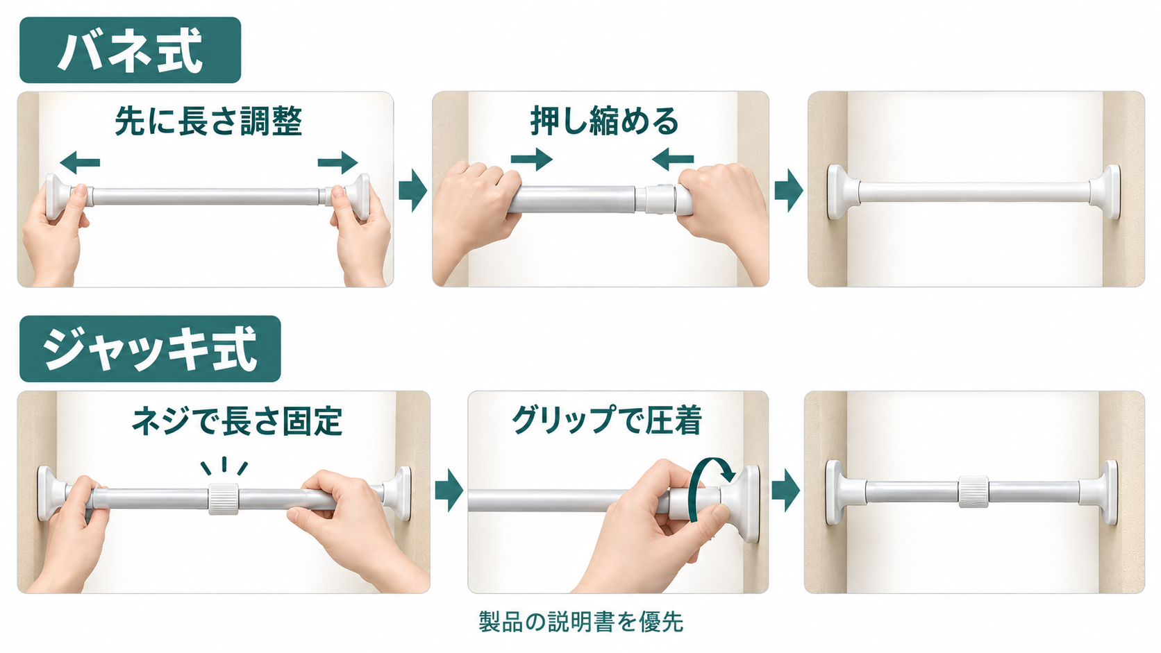 バネ式とジャッキ式の突っ張り棒を取り付ける手順