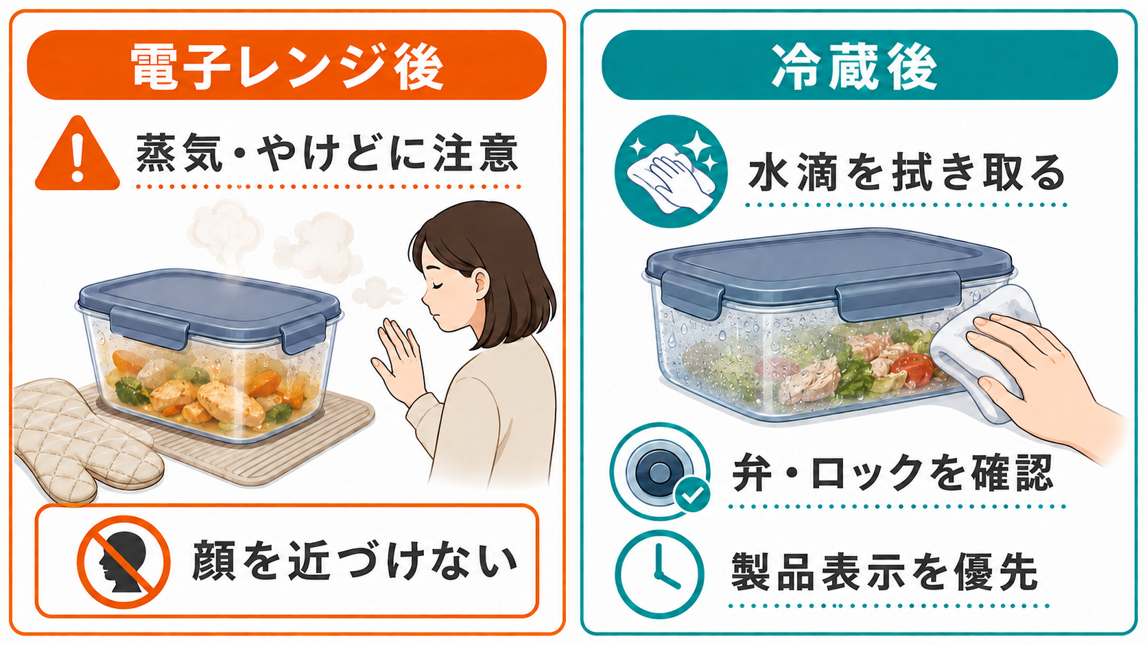 電子レンジ後は蒸気とやけどに注意し、冷蔵後は表面の水滴を拭き取って弁やロックを確認する図