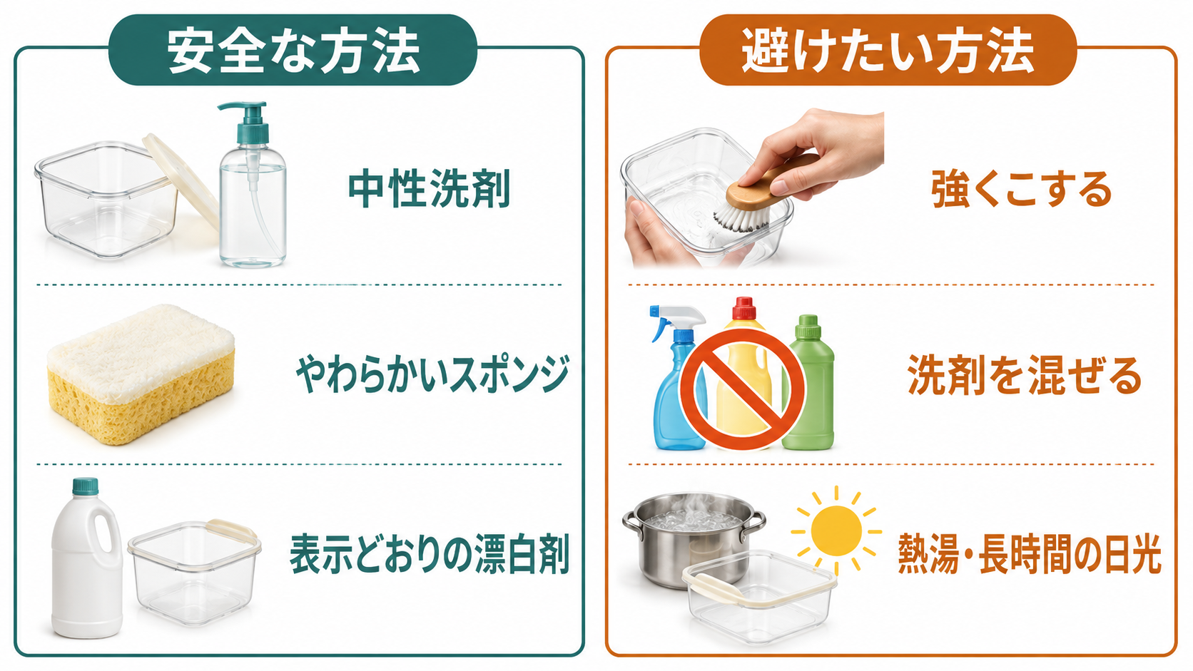 中性洗剤や柔らかいスポンジなど安全な方法と、強いこすり洗い・洗剤混合・熱湯や長時間の日光を比較する図