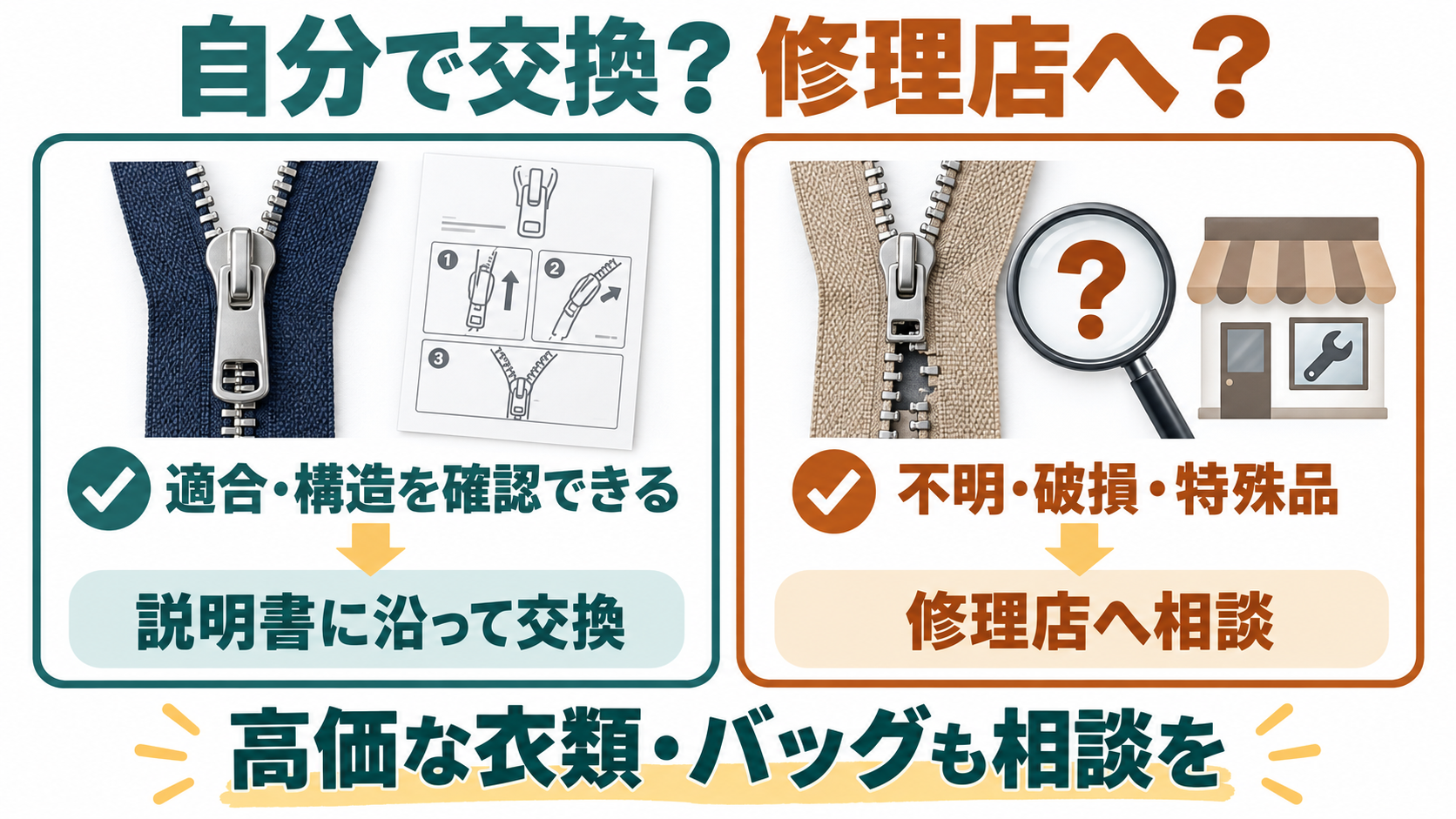 適合と構造が確認できる場合は説明書に沿った交換を検討し、不明点や破損、特殊品は修理店へ相談する判断図