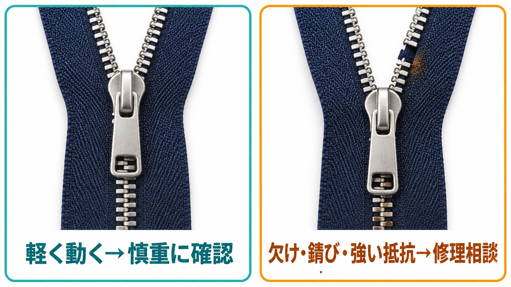 ファスナーが軽く動く場合と欠けや錆びがある場合の修理判断図