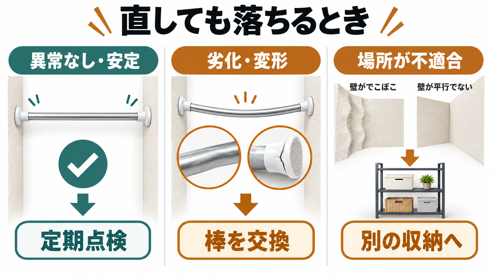 対策しても突っ張り棒が落ちる場合の交換・収納方法の判断