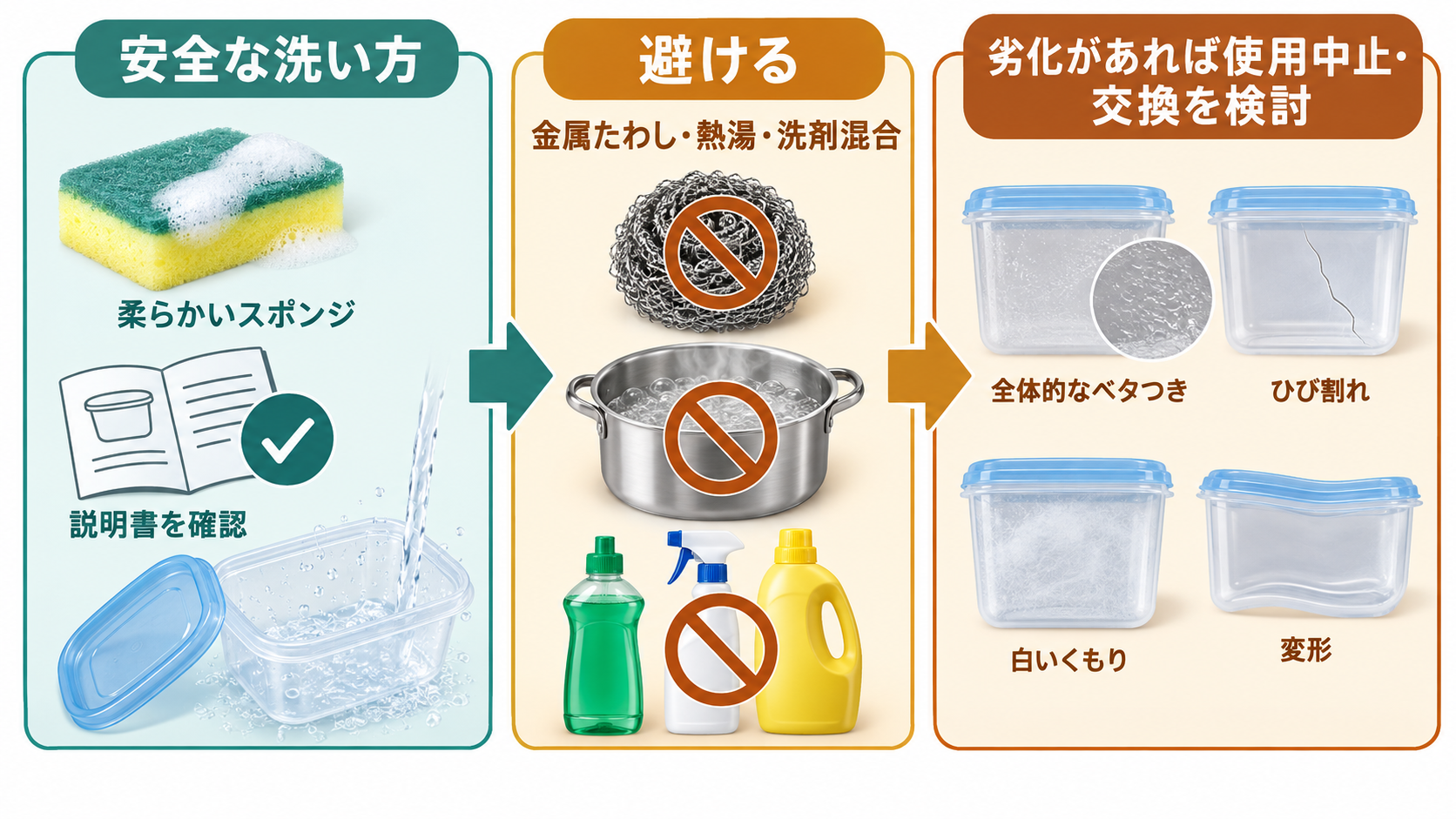 柔らかいスポンジを使う安全な洗い方と、金属たわしや熱湯を避け、劣化時は交換する判断図