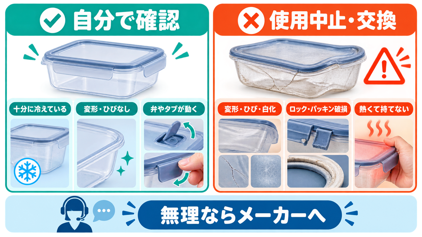 冷えていて破損がなければ確認を続け、変形や部品破損、熱さがあれば使用中止や交換を選ぶ図