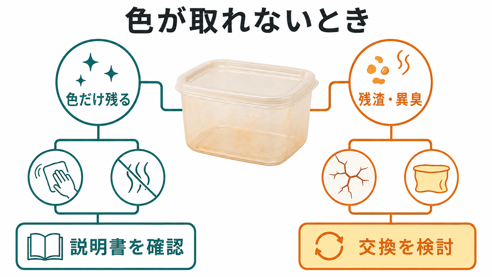 色だけが残る場合は説明書を確認し、残渣・異臭・ひび・変形があれば交換を検討する判断図
