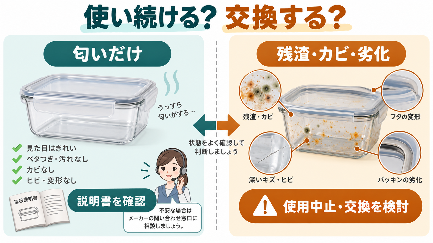 匂いだけの場合は説明書を確認し、残渣やカビ、劣化があれば交換を検討する判断図