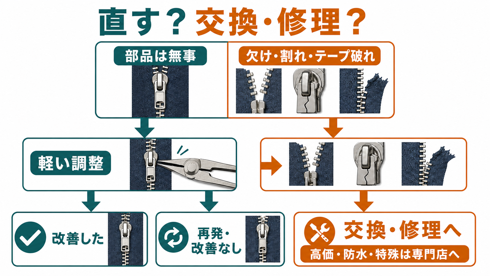 エレメントの欠け・スライダー割れ・テープ破れを確認し、軽い調整か交換・修理かを判断する図