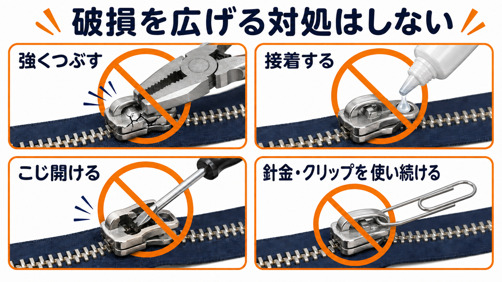 ペンチで強くつぶす、接着する、こじ開ける、針金やクリップを使い続ける対処を避ける図