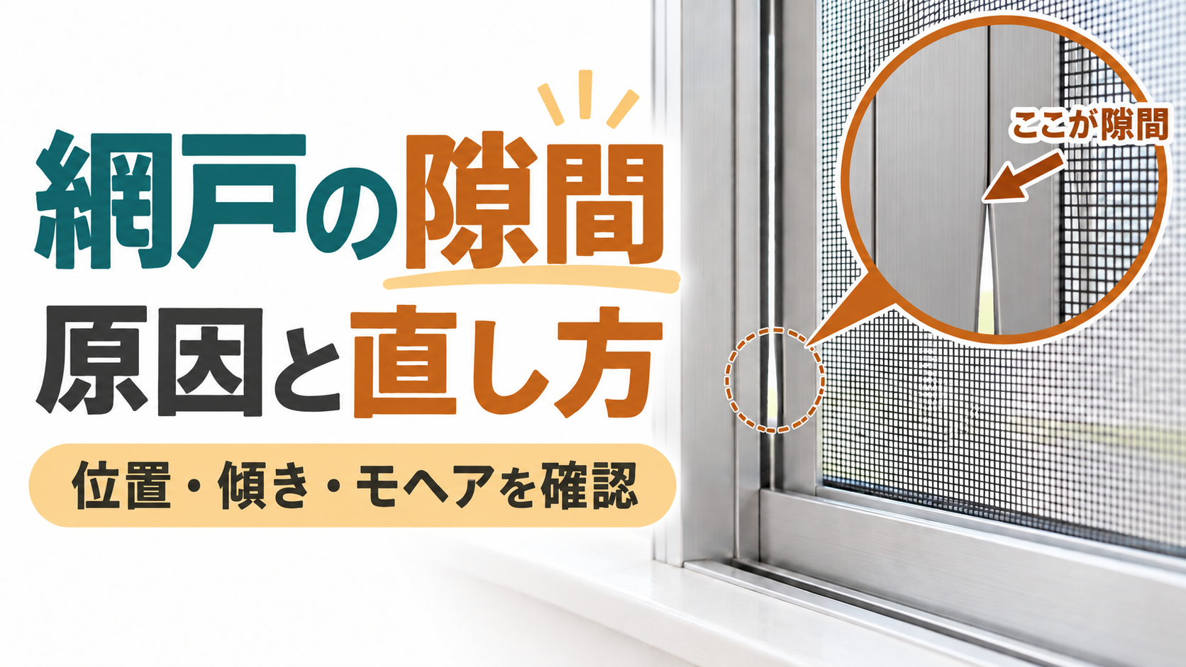 網戸の隙間を位置・傾き・モヘアから確認するイラスト。