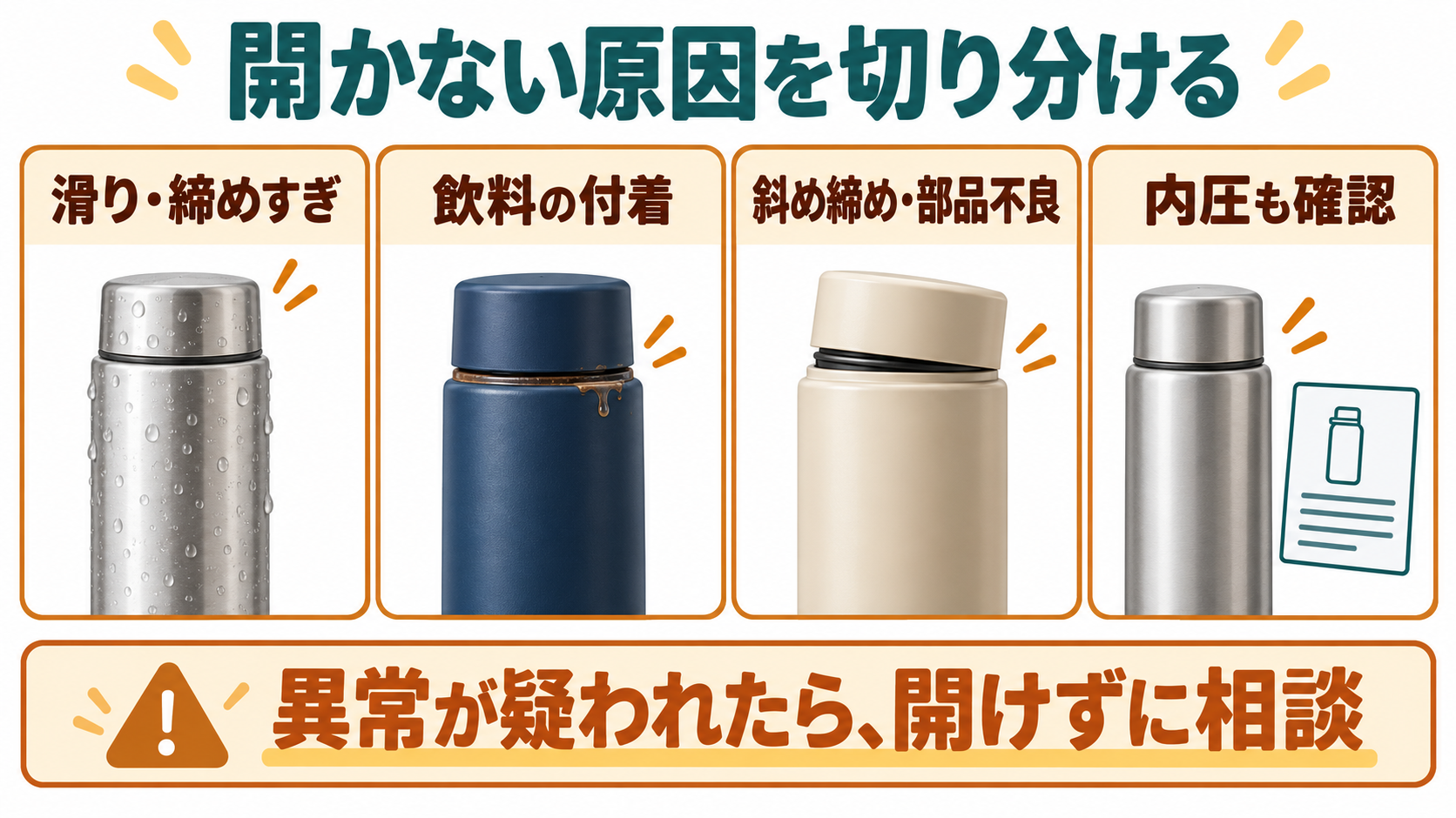 水筒の滑り、飲料の付着、傾きや部品不良、内部状態という原因候補の図