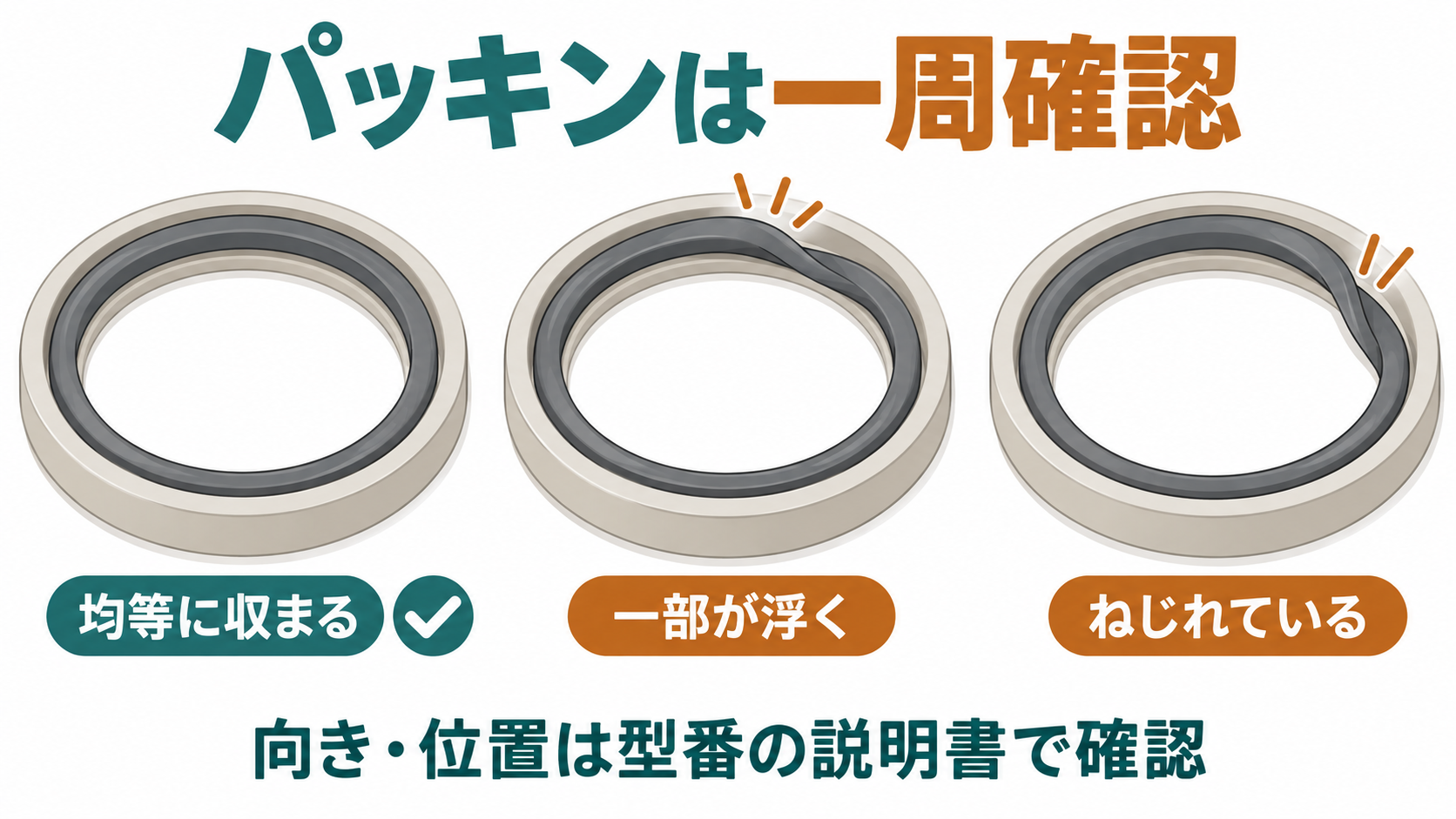 パッキンが均等に収まる状態と一部の浮き・ねじれを比べた概念図。