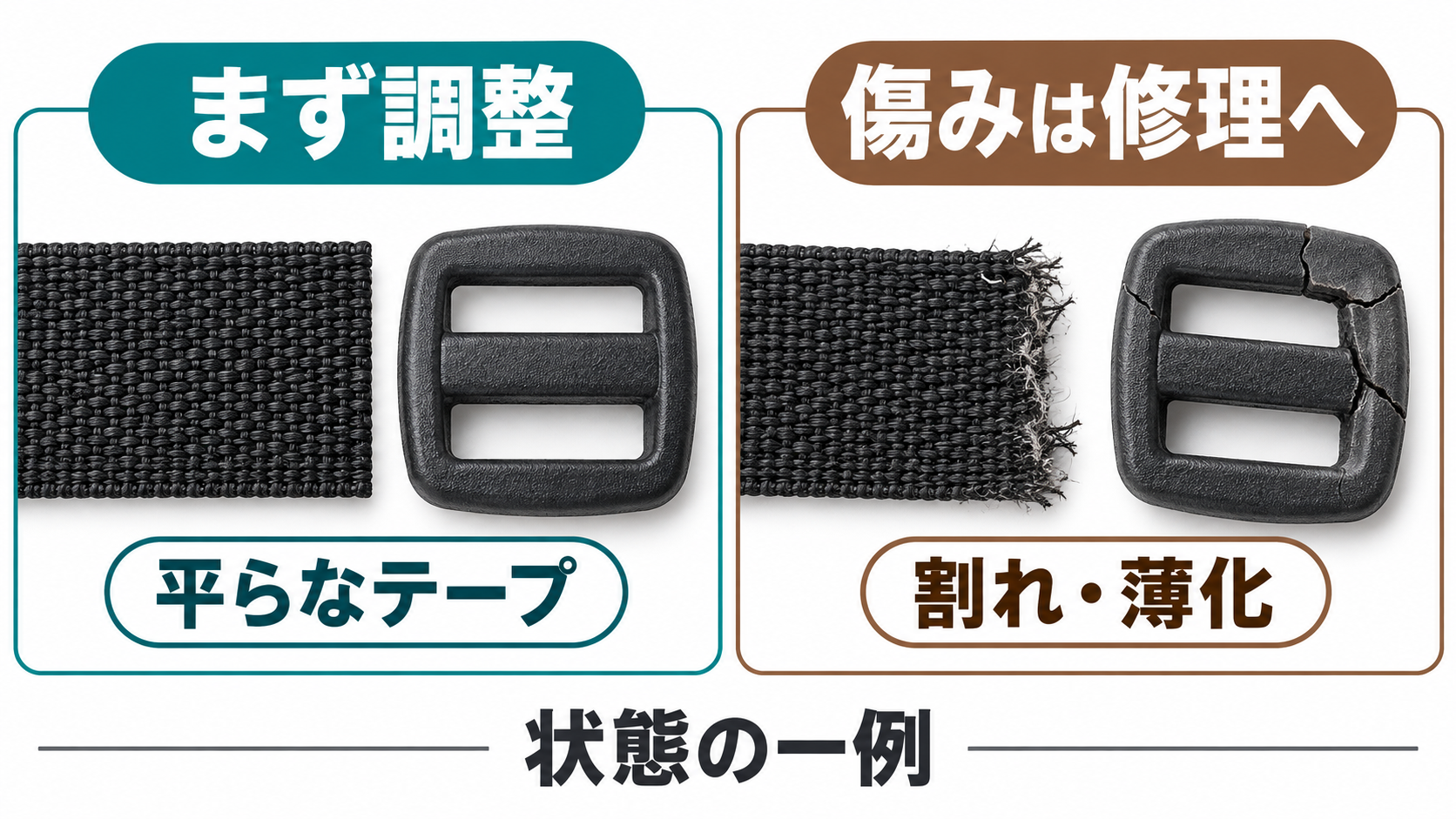 平らで傷みのないテープと、割れや薄化がある状態を比較する概念図