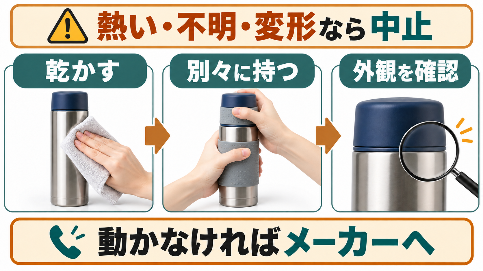 危険を除外して外側を乾かし、本体と栓を別々に保持し外観を確認する順番