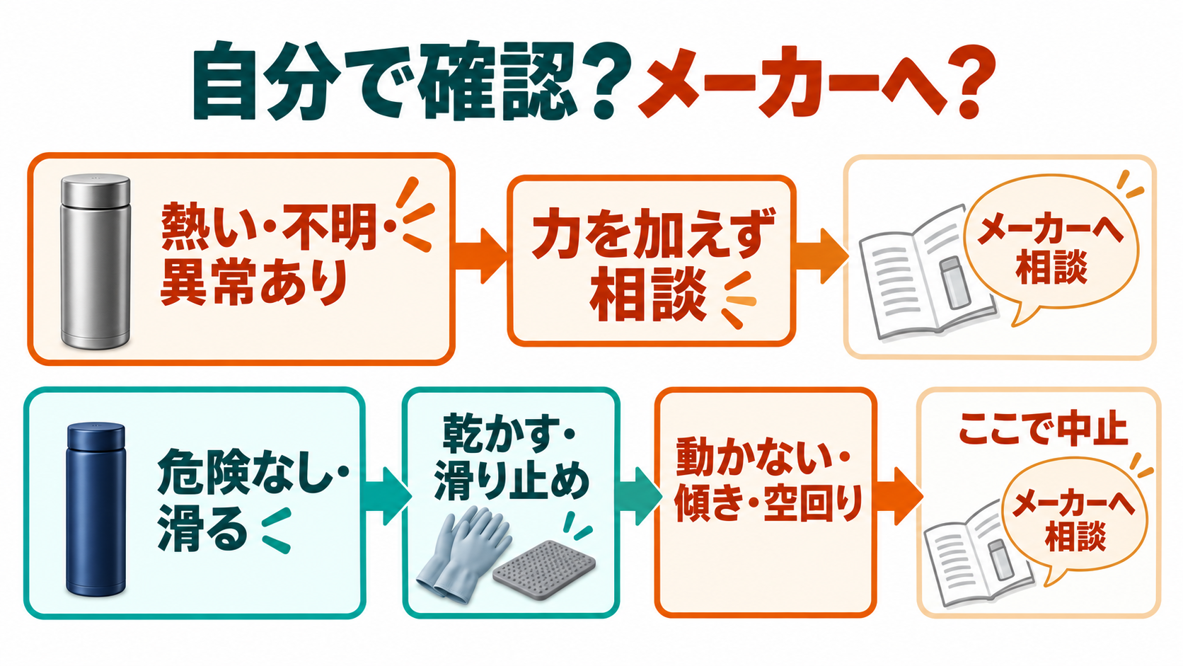 危険状態なら相談し、危険がなく滑る場合だけ基本確認を試す判断フロー