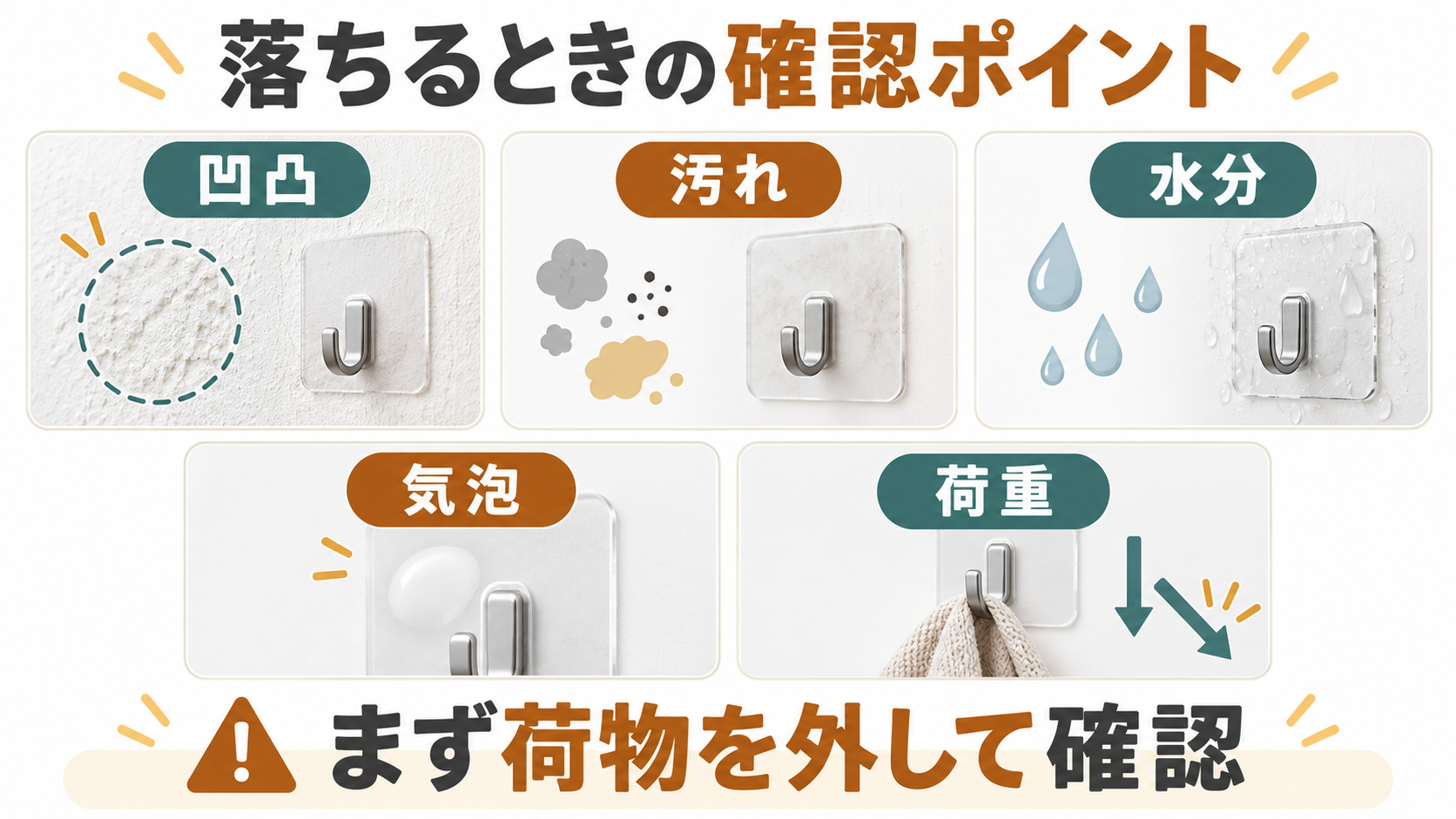 フィルムフックの落下で確認する凹凸・汚れ・水分・気泡・荷重