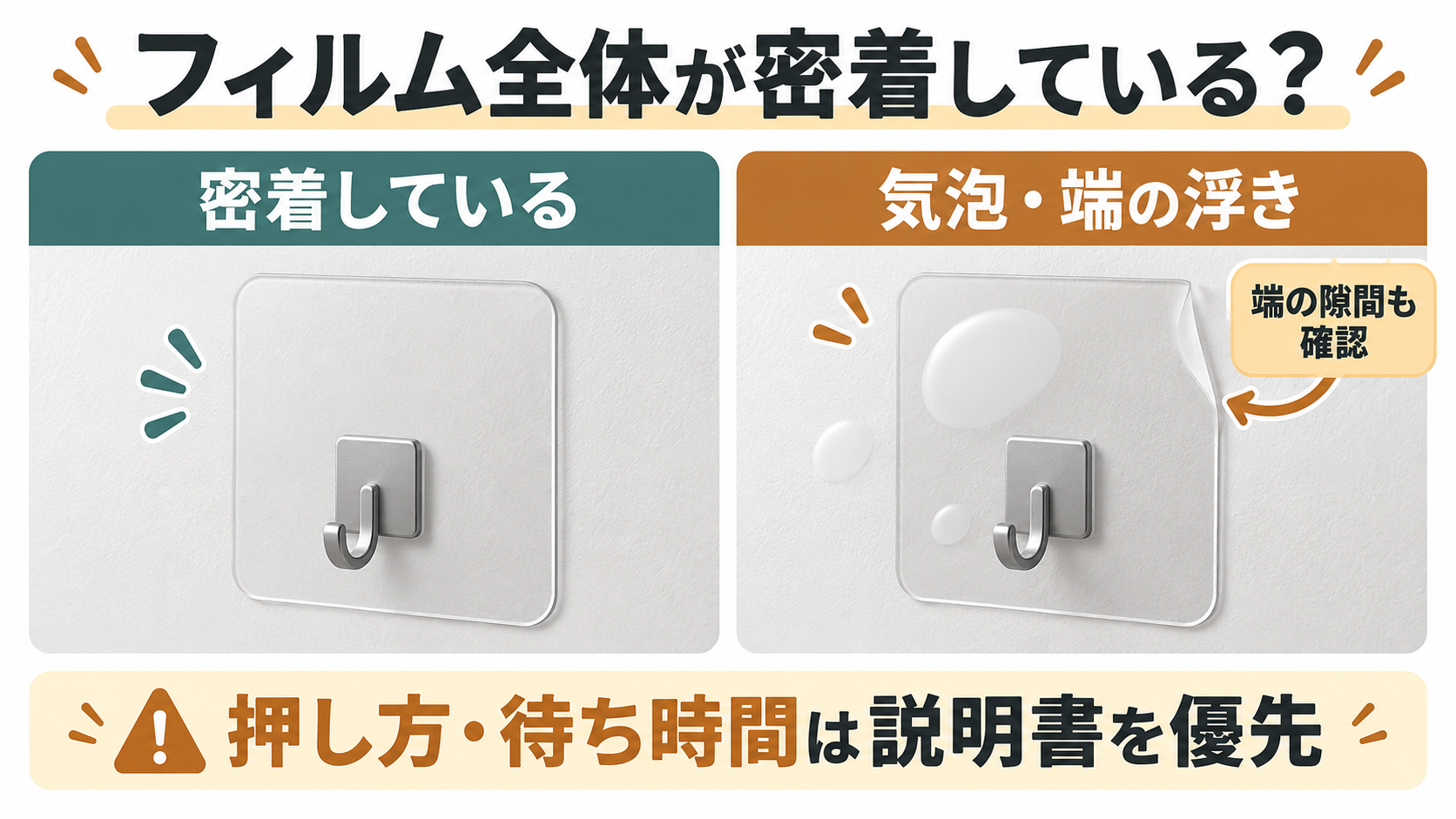 フィルム全面の密着と気泡・端の浮きがある状態の模式図