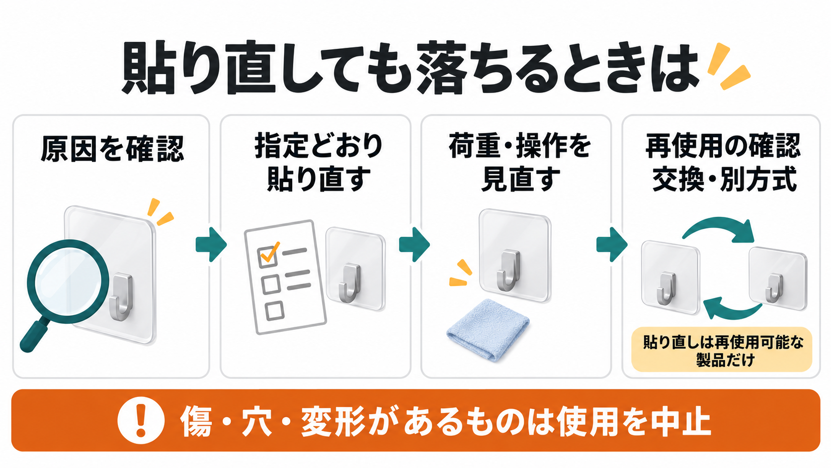 原因確認・指定の貼り直し・荷重と操作・再使用や交換の判断順
